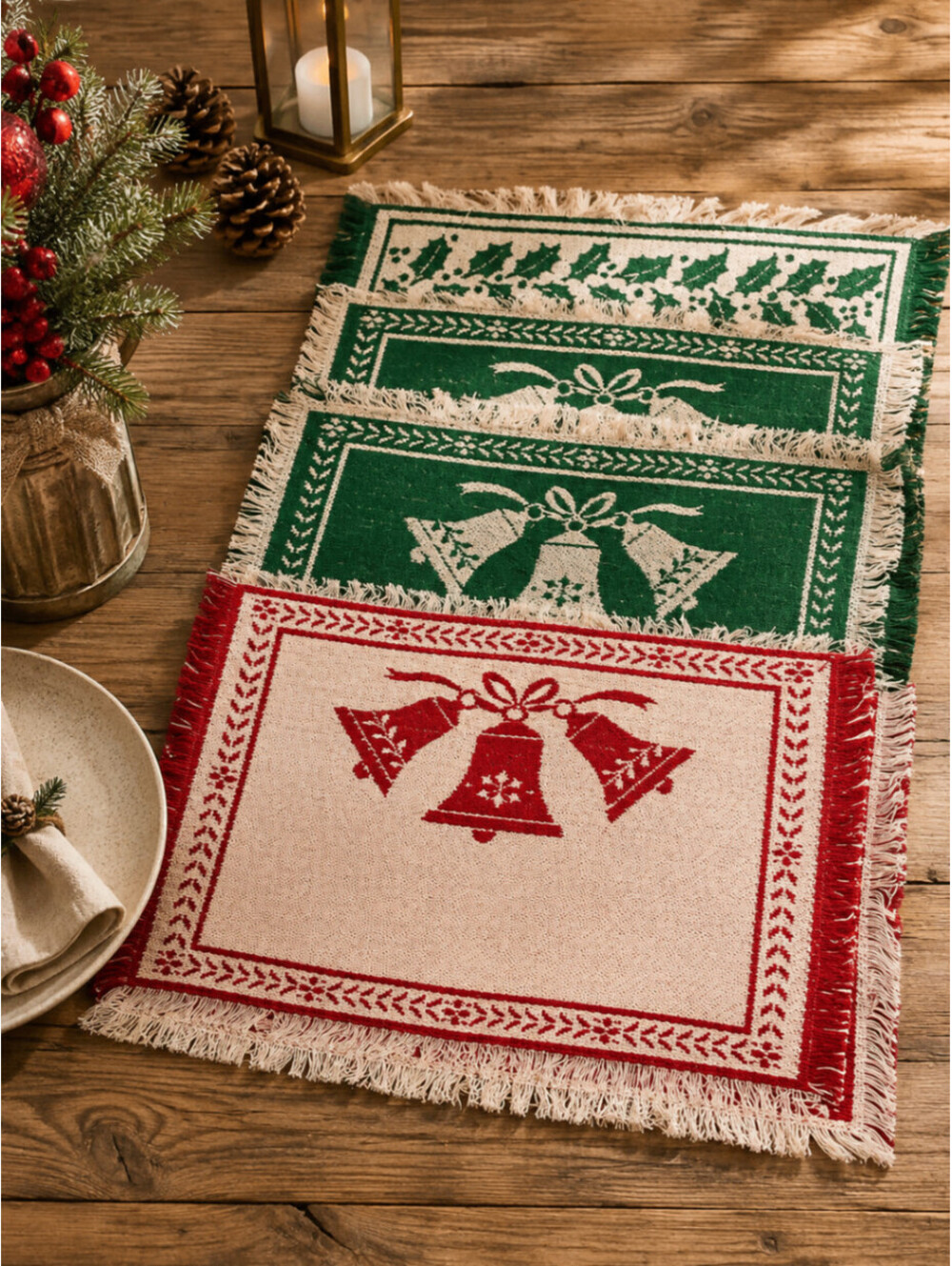 Vintage Christmas Placemats Set of 8 Holiday Table Decor Reversible Red Green